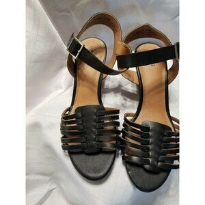 Susina Terra Wedge Sandals Black Strappy Leather Open Toe Comfort Sz 6M